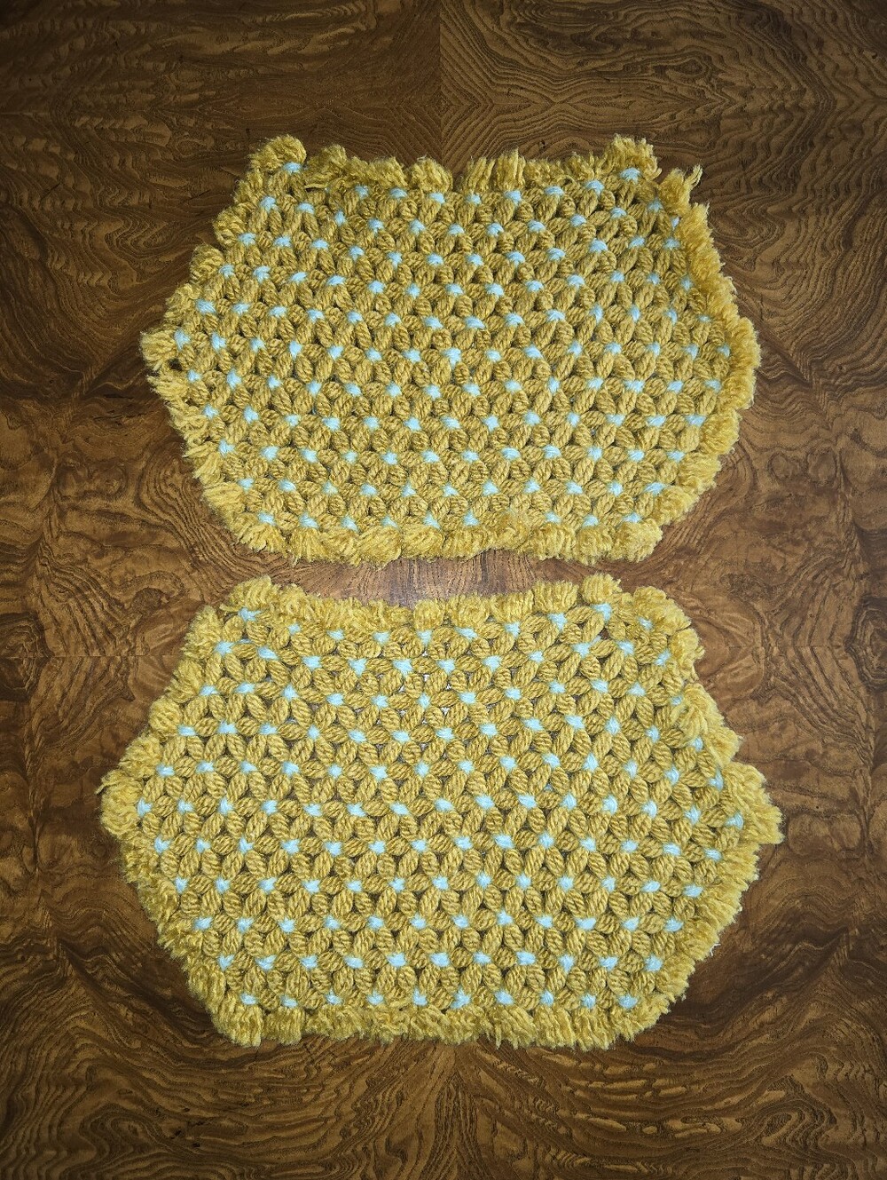 Vintage 70s Crochet Yellow and Light Blue Loom Placemats Set of 2 Handmade
